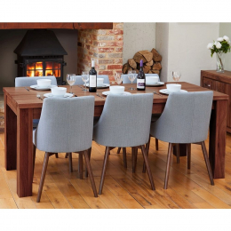 Shiro Solid Walnut Large Extending Dining Table and Six Grey Chairs